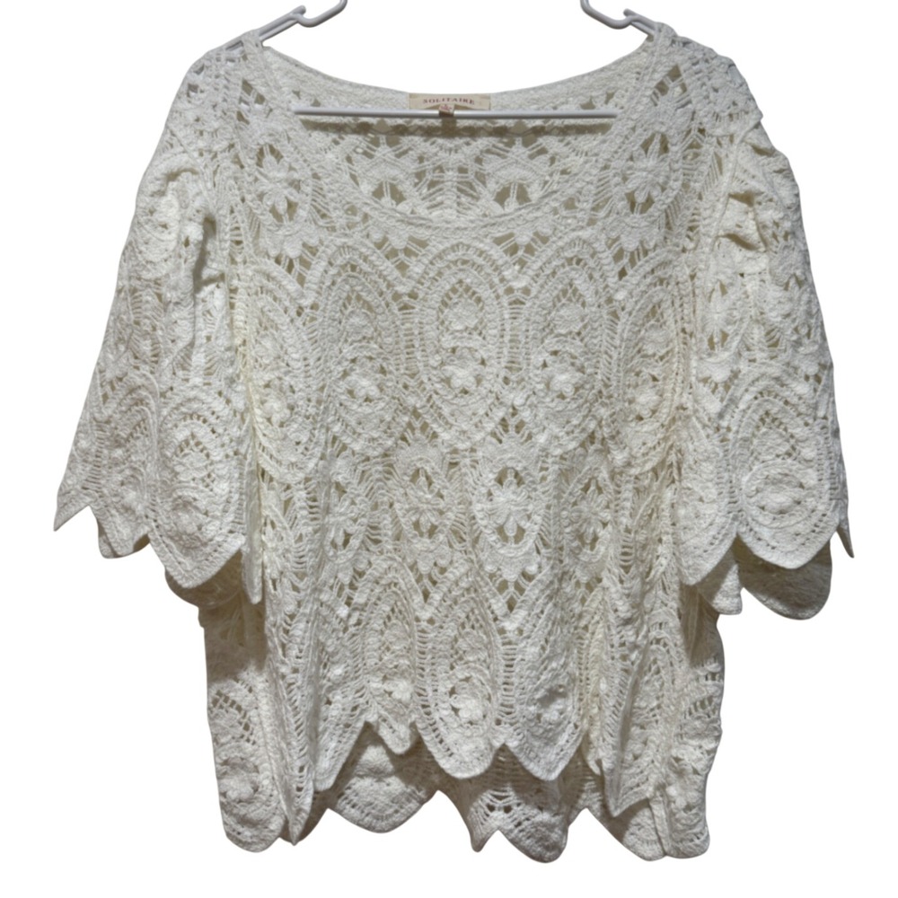 Solitaire White Crochet Lace Open Knit Flare Sleeve Top Large L Boho Feminine